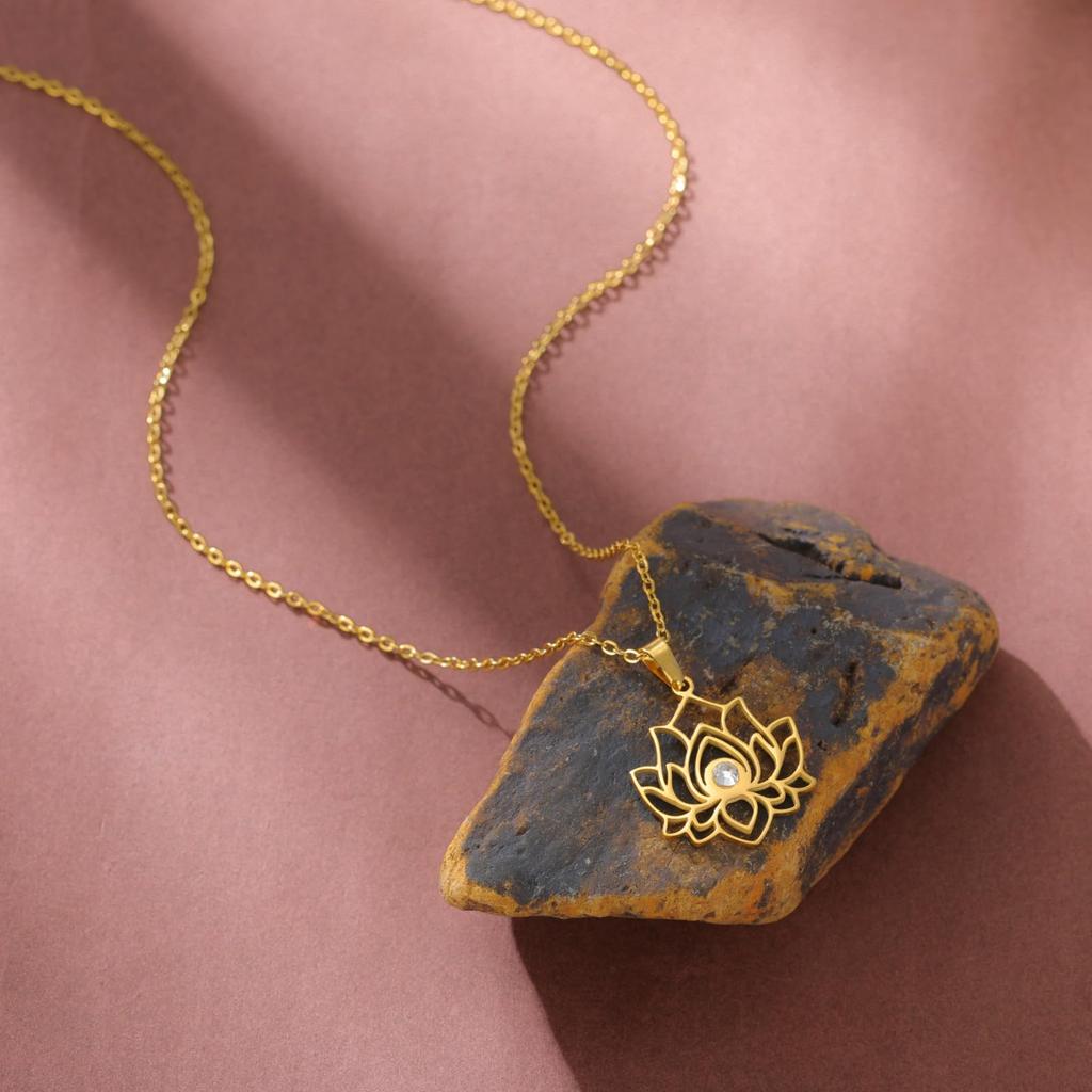 Dreamtimes Lotus Flower Charm Necklace for Women Yoga Protection Pendant Necklace Stainless Steel Healing Symbol Amulet Jewelry