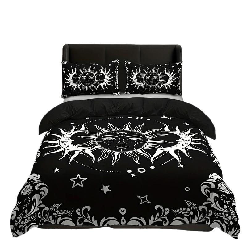 3pcs Black And White Sun And Moon Print Duvet Cover Set Includes 1 Duvet Cover And 2 Pillowcases (Core Not Included)