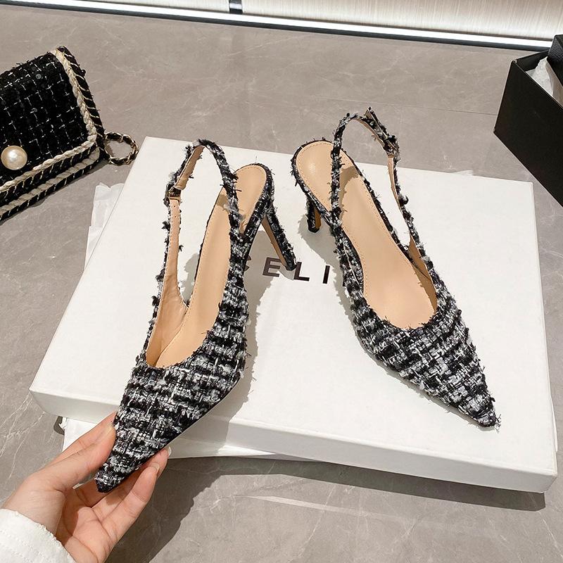 Xiaoxiangfeng Pointed Head Shallow Mouth Bag Head Rear Empty Sandals Women's 2025 New Thin Heel Sheepskin Inner Rubber Sole Spring and Autumn Models