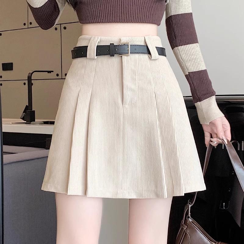 Korean Style A-Line High Waist Pleated Corduroy Skirt - Short, Anti-Exposure, 2024 Autumn/Winter Collection (No Belt)