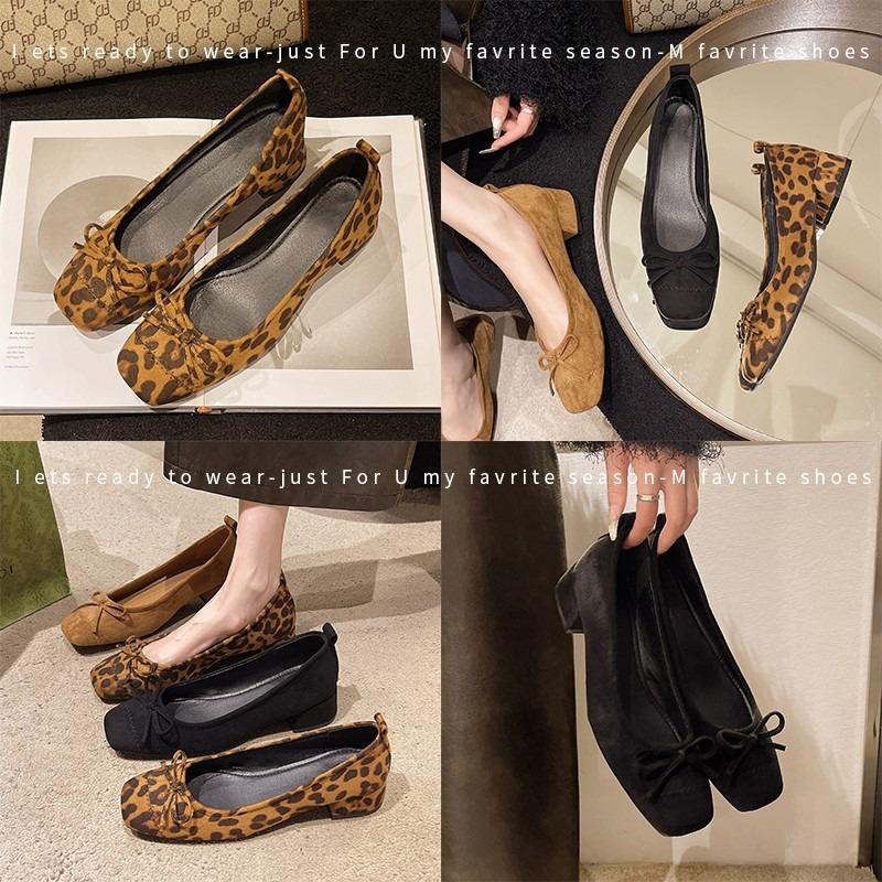 Fashion New Design Fashionable Square Heels Bowknot Comfortable Versatile Wear-resistant Leopard Print Shoes Low Heels Pumps Zapatos