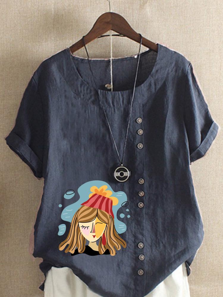 Women's Fashion Abstract Girl Print Round Neck Short Sleeve T-shirt Summer Casual Cotton Linen Graphic Shirt Leisure Loose Blouse Tops