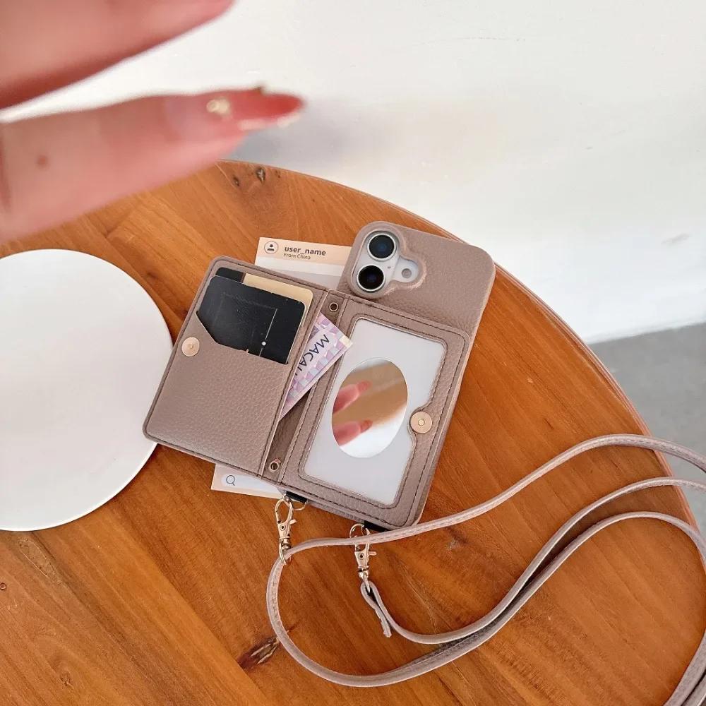 Crossbody Lanyard Leather Phone Case for IPhone 13 12 Mini 16 15 14 Plus 11 Pro Max Mirror Wallet Card Slot Holder Cover