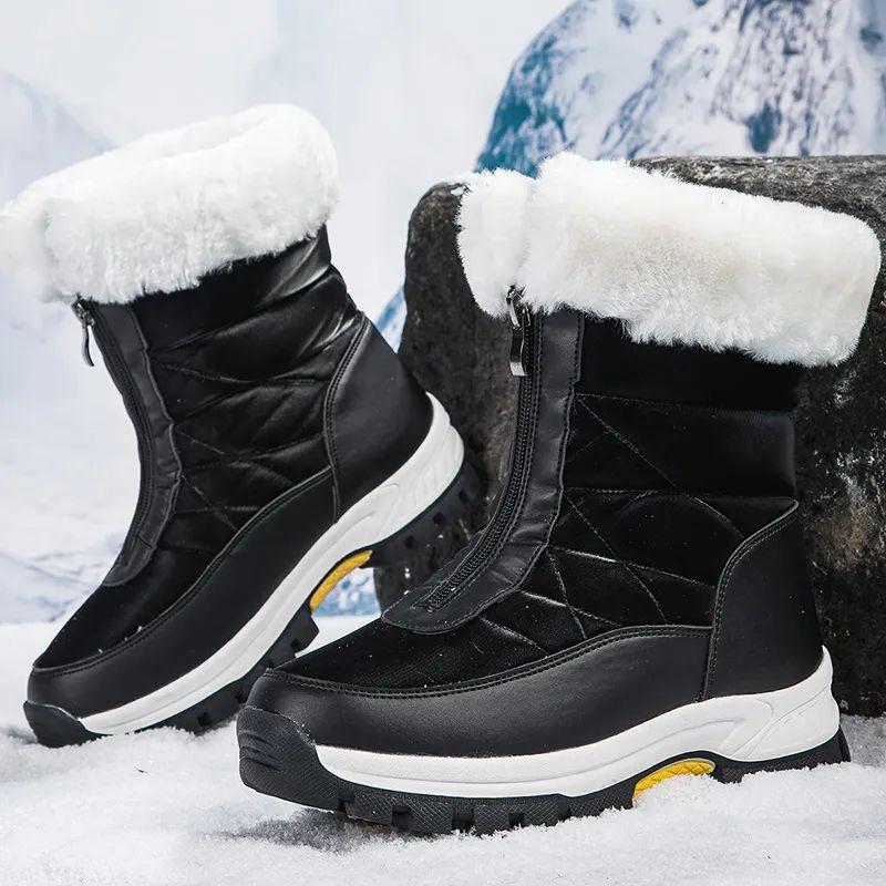 Damen Winter Fleecegefüttert Verdickt Kältebeständig Skistiefel mit Frontreißverschluss Mid-Calf Design