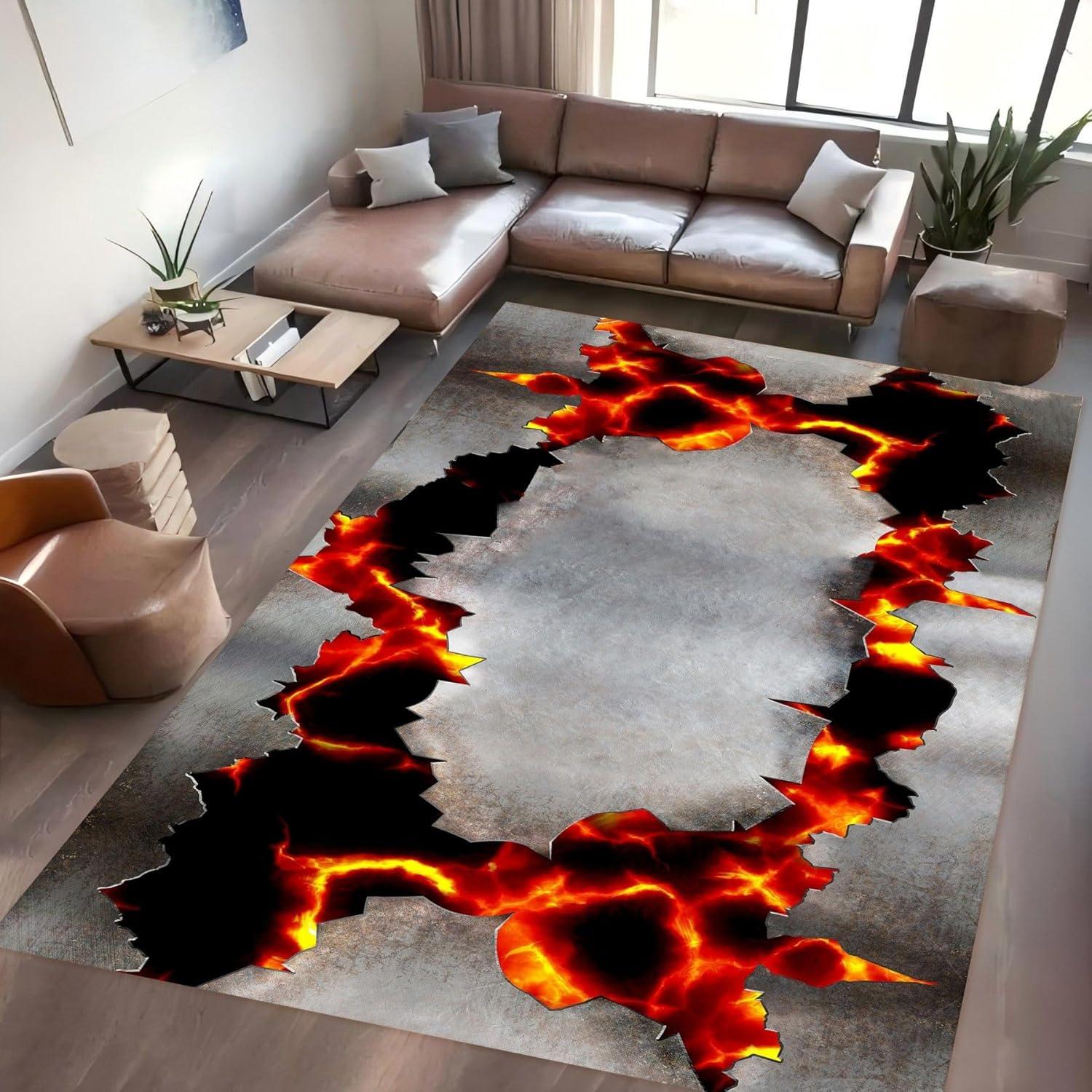 3D Optical Illusion Lava Area Rug Rock Cracks Print Floor is Lava Rug,Fun Abstract Lava Play Mats for Children Playing Carpet 60x90cm (23x35inch)
