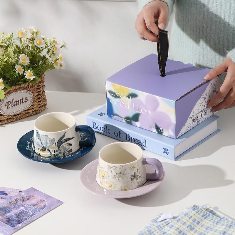 Iris High Value Ceramic Cup and Saucer for Teachers Souvenirs Purple Floral Coffee Cup Saucer and Saucer Holiday Gift