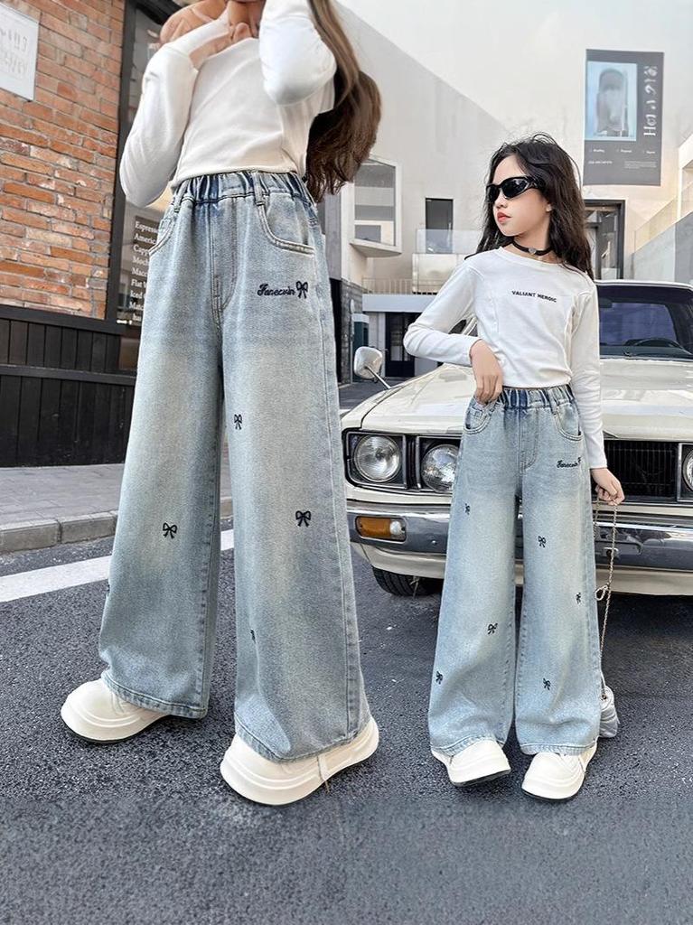 Girls' Spring 2025 Embroidered Butterfly Wide Leg Jeans - Korean Style Straight Leg Denim for Older Children