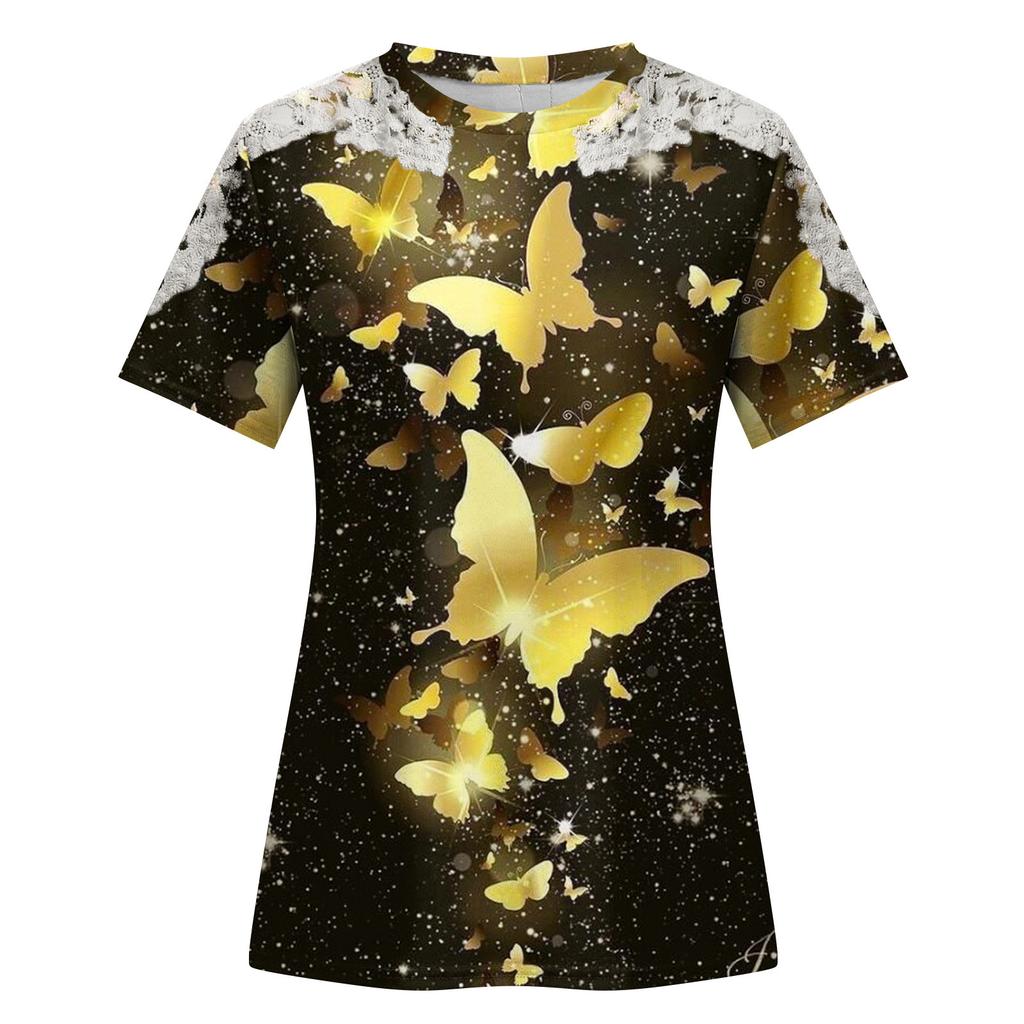 Women's Fashion Lace Hollow Print Round Neck Short Sleeve T-shirt Top