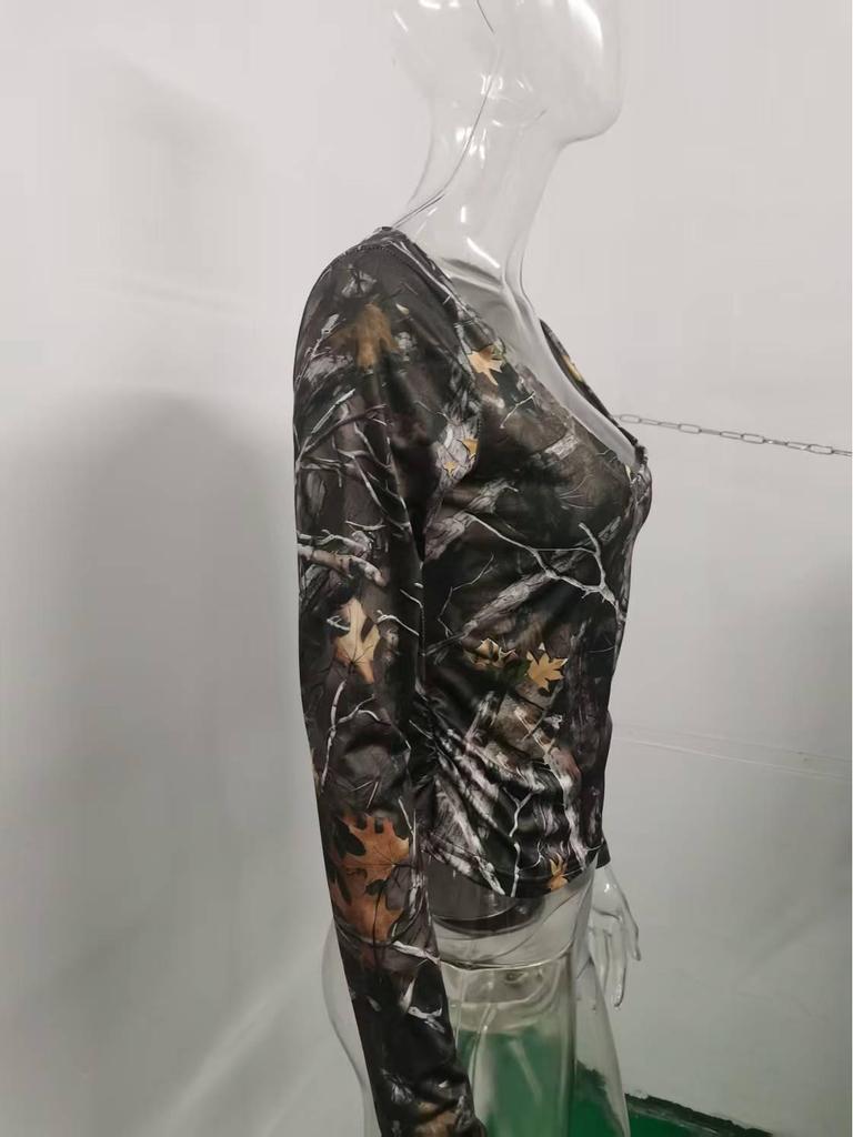 European Fashion 2025 Women's Retro Camouflage Tree Branch Pattern U-Neck Slim Fit Cropped T-Shirt