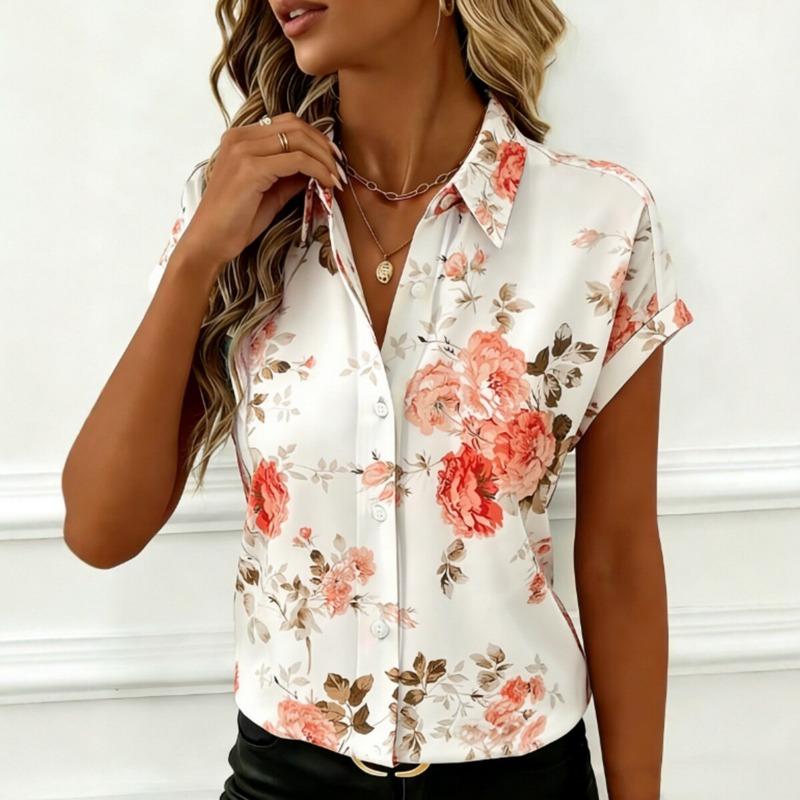 

Womens Floral Print Short Sleeve Button Down Shirt Casual V Neck Collared Blouse With Rose Pattern S белый