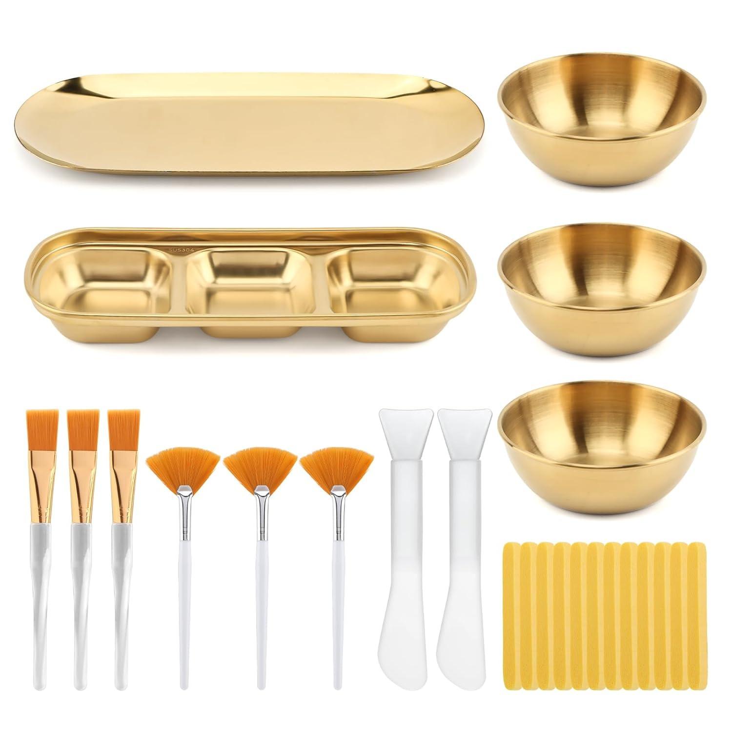 

25pcs Esthetician Supplies for Facials, 3 Gold Mixing Bowls, 3 Compartment Serving Tray, 3-Facial Fan Brushes, 3-Face Mask Applicator Brush,