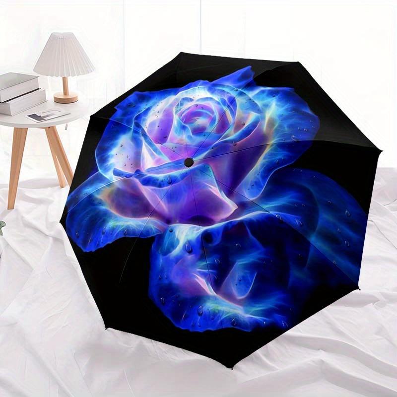 1pc Automatic Open/close Umbrella with Blue Rose Floral Pattern - Folding Umbrella, Sturdy 8-Rib Construction, Compact Travel
