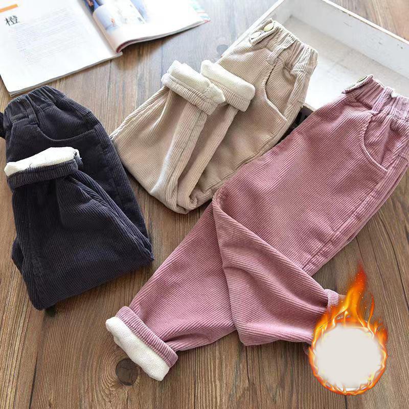 Kids Warm Pants Boy Girls Autumn Winter Corduroy Thick Outer Wear Sports Trousers 1-9Y Children Clothes Casual High Waist Pants