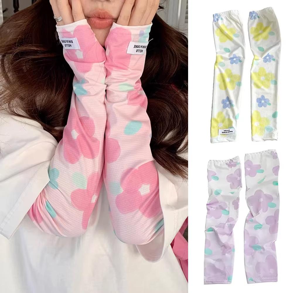 Sports Ice Arm Summer Printed Half Finger Gloves UV Sun Protection Cuff Cover Thin Long Gloves Elastic Sunscreen Sleeves