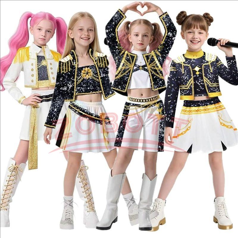 Kids K-pop Rumi Zoey Mira Cosplay Huntrix Costume 3D Print Demon Hunters Mira Stage Costumes Child Halloween Party Clolthes Set