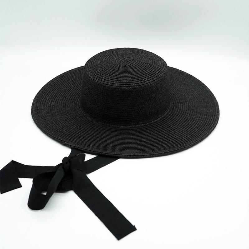

Black Wide-Brimmed Panama Straw Hat Women S Summer French Lace-Up Retro Flat Top Top Hat Foreign Trade Sunshade Sun Protection Beach M（56-58cm）