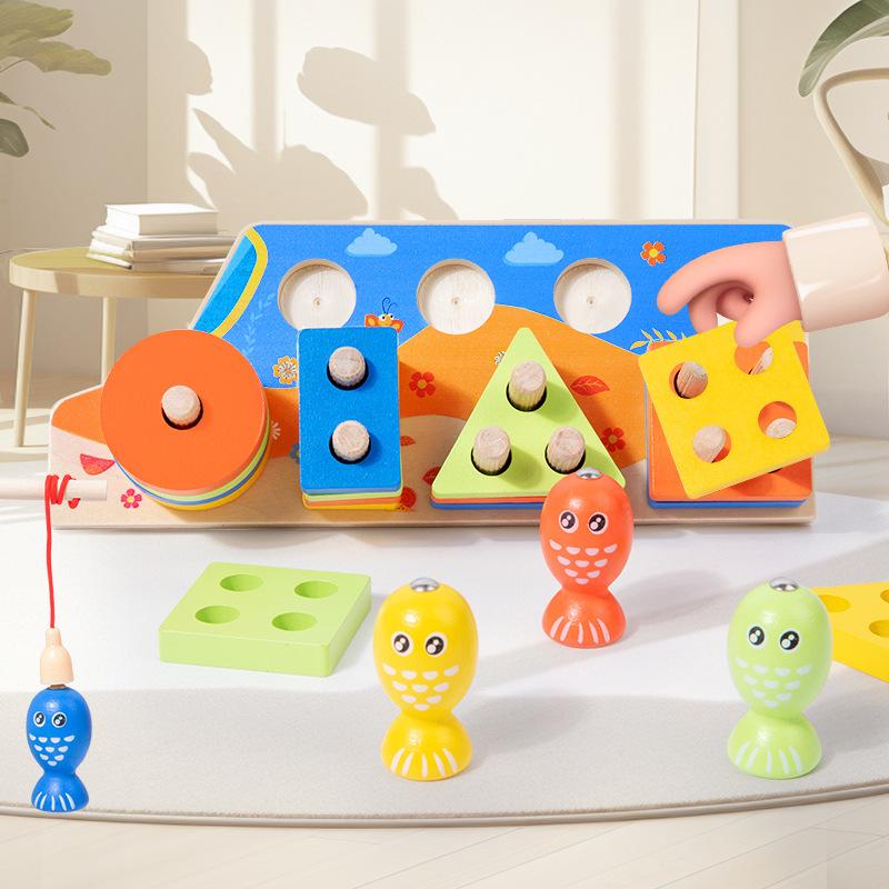 

Children S Wooden Three-Dimensional Fishing Set Column 2-In-1 Montessori Early Education Puzzle Shape Cognition Pairing Six Sets Of Column Building