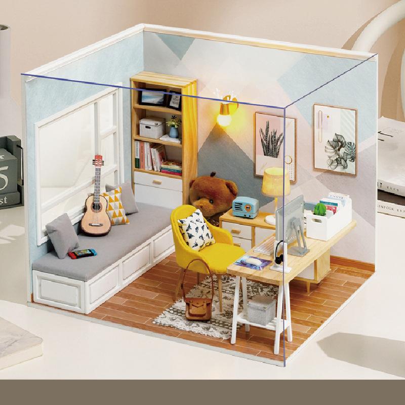 Kit de Casa de Muñecas DIY Montaje Estudio de Madera en Miniatura con Muebles para Niños Amigos