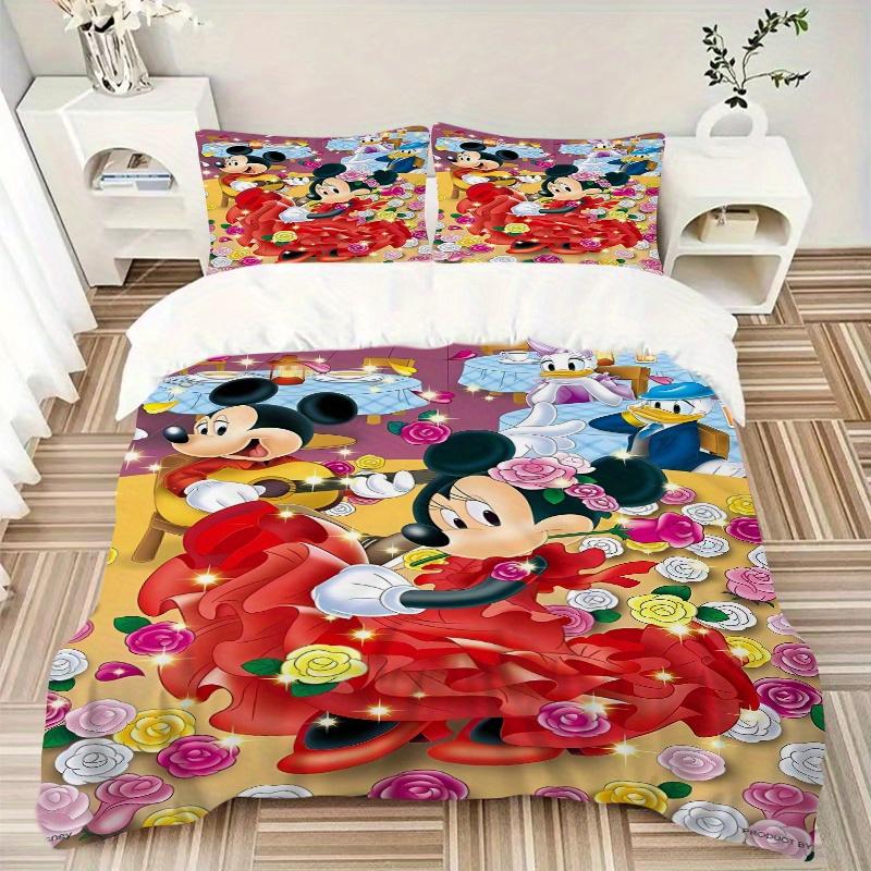 3pcs Mickey Mouse Minnie Mouse Floral Bedding Set Includes 1 Quilt Cover and 2 Pillowcases, Comfortable Bedding W071