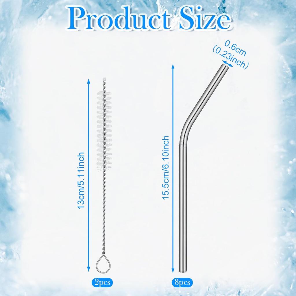 8 Pack 6 Inch Short Bent Metal Cocktails Straws, Stainless Steel Straws with 2 Cleaning Brush Portable Reble Drinking Straw for Coffee Mugs Small