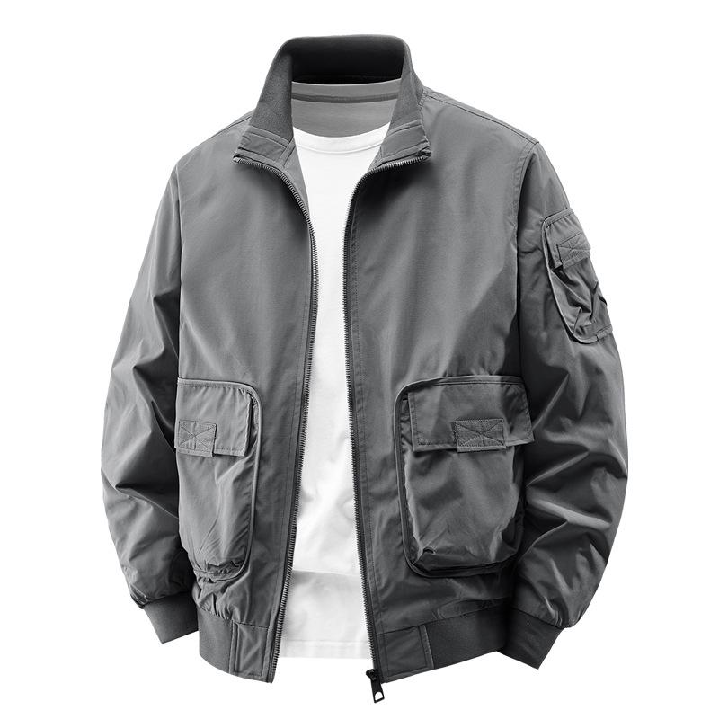 Men's Trendy Korean Style Stand Collar Bomber Jacket - Windproof, Solid Color for Spring & Autumn Outdoor Sports