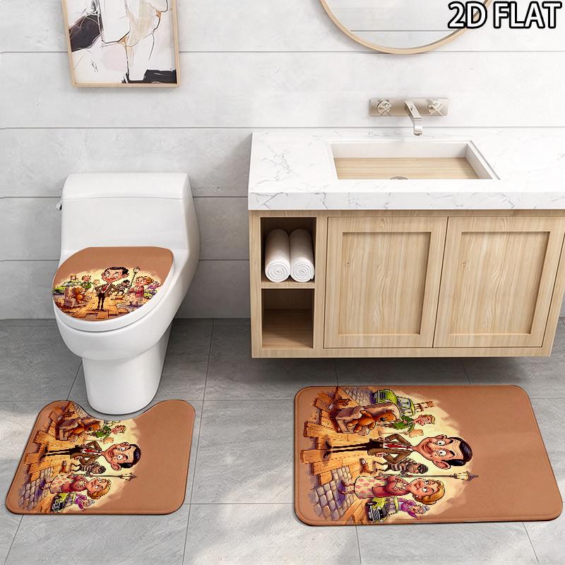3pcs Mr. Bean Pattern Flannel Nonslip Absorbent Washable Decorative Bathroom Home Toilet Seat Cover Mat