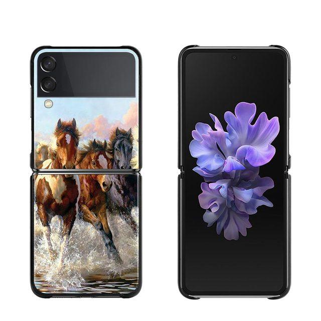 Phone Case For Samsung Galaxy Z Flip3 5g Back Pc Case For Samsung Z Flip Capa Black Shell Hard Fundas Running Horses