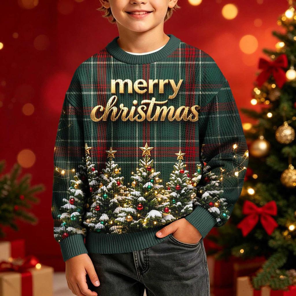Boys Girls Christmas Print Crewneck Pullover Sweatshirt Casual Comfortable Athletic Top for Holiday
