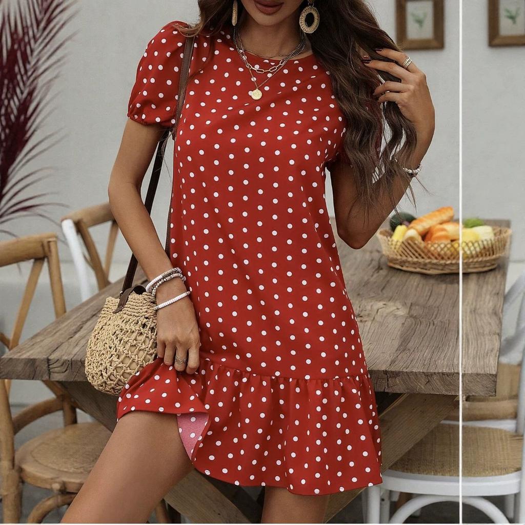 New European and American polka dot loose short skirt, round neck lotus leaf hem French casual vacation temperament dress