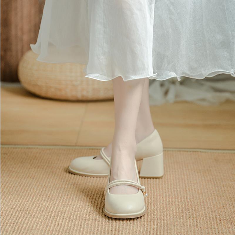 WTEMPO Round Toe High Heels for Women Thick Heels Solid Colors Fashionable and Versatile Fairy Style Soft Soles Comfortable Work Shoes