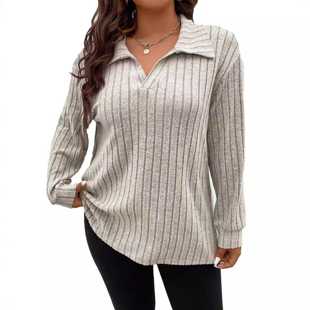 2025 Autumn/Winter V-Neck Long Sleeve Plus Size Women's Ribbed T-Shirt