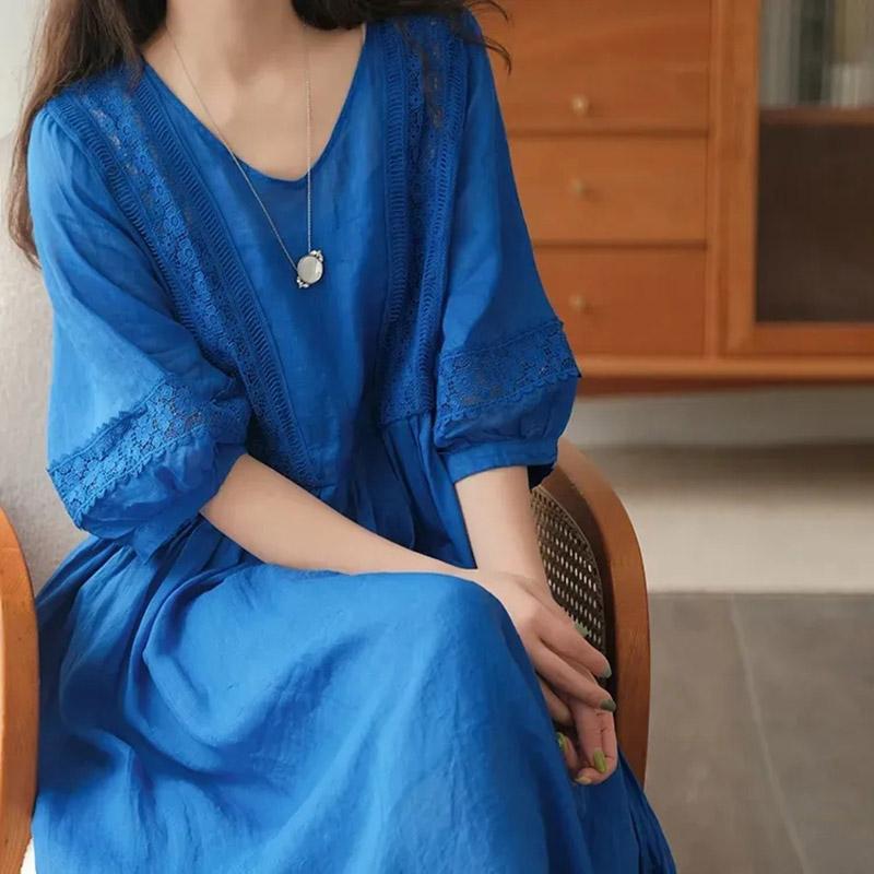 

Хлопково-льняное платье, женское летнее платье на шнуровке, большая распашная юбка, тонкое однотонное платье с короткими рукавами, длинная юбка XXL синий