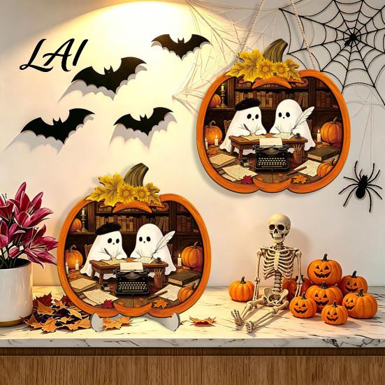 Cool Patterned Ornaments Halloween Door Sign Glowing Ghost Hanging Decor Wooden LED Window Reusable Party Supplies Ornament for Party Spooky