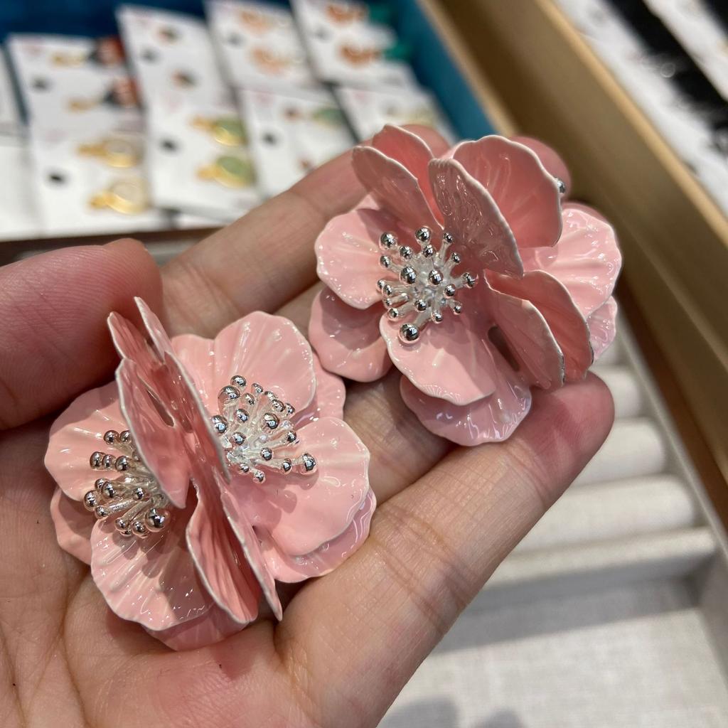 French Retro Design Dripping Oil Pink Peony Flower Stud Earrings Women'S White Rich Flower Earrings Women'S