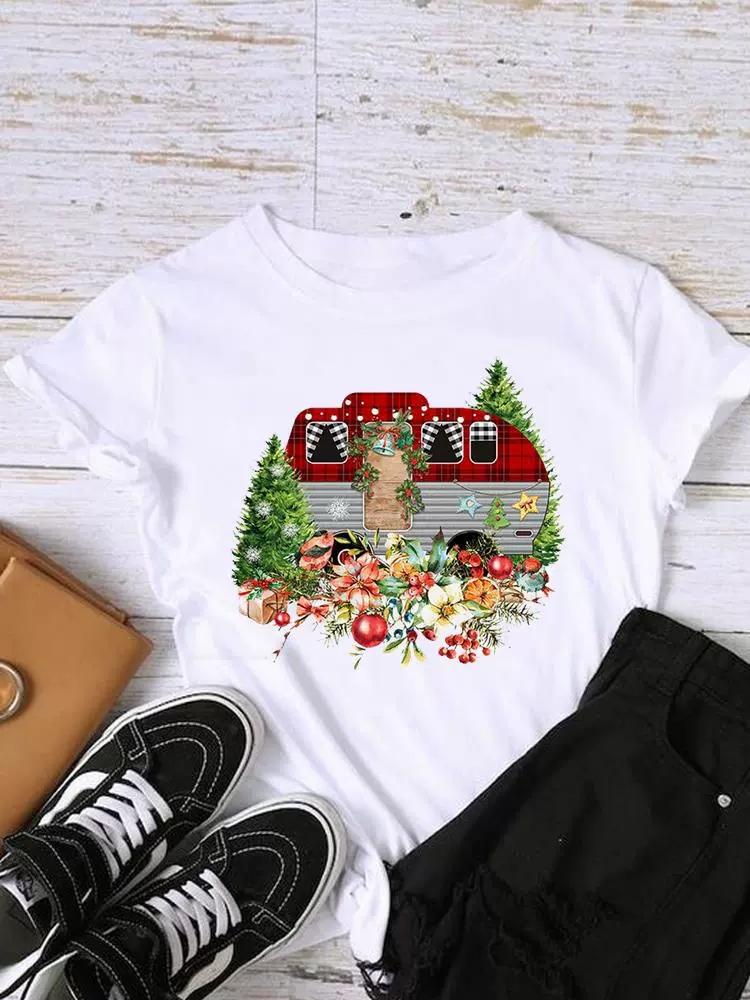 Christmas Womens Round Neck Short Sleeved Christmas Tree Reindeer Print Womens Loose Oversized Comfortable White Tshirt