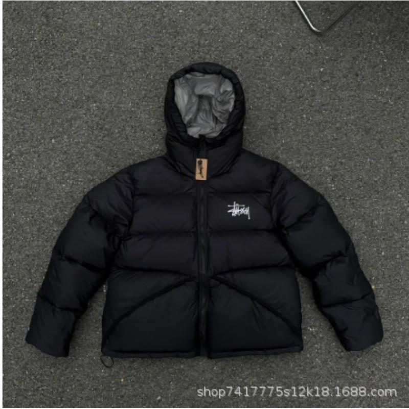 Unisex Kapuzen-Pufferjacke Baumwollfüllung Warmer Wintermantel Lockere Passform Reißverschluss vorne Bestickt Einfarbige
