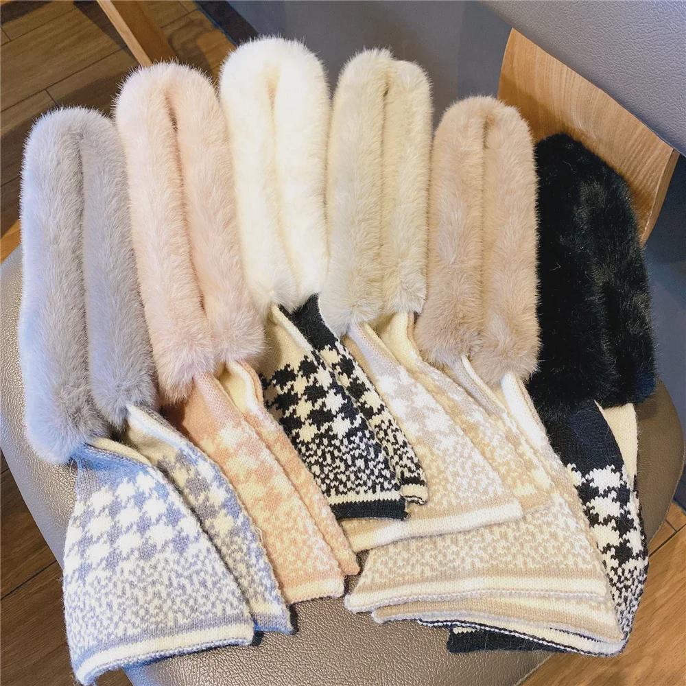 Pletená vlněná šála v korejském stylu s plyšovým akcentem - Hřejivý zimní nákrčník pro ženy a studenty