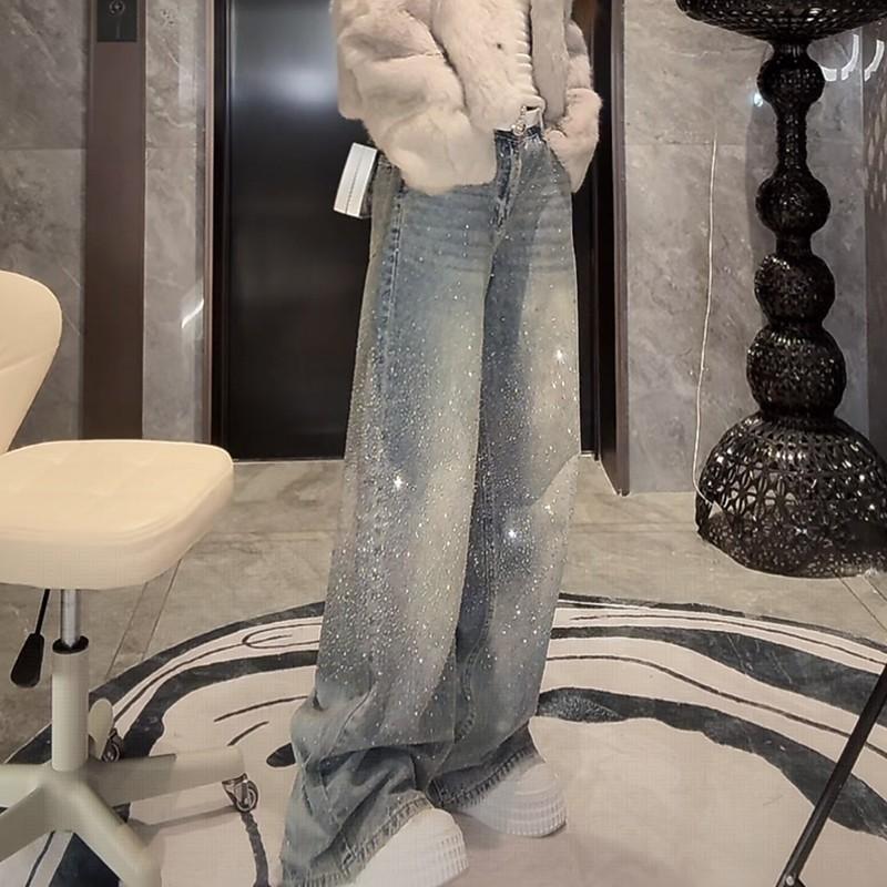 High Waist Hot Diamond Jeans Women's Korean Velvet Pants Old High Street Trend Loose and Thin Straight Wide-leg Pants
