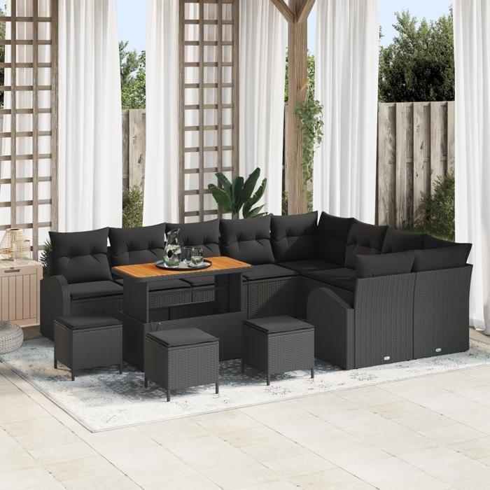 VidaXL Ensemble de 13 Pièces de Sofa de Jardin avec Coussins Noir Poly Rattan Acacia 3364389