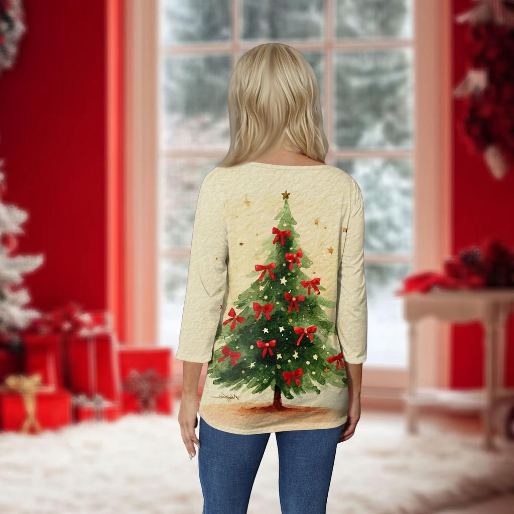 Women's O-Neck 3/4 Sleeve Christmas Print Top