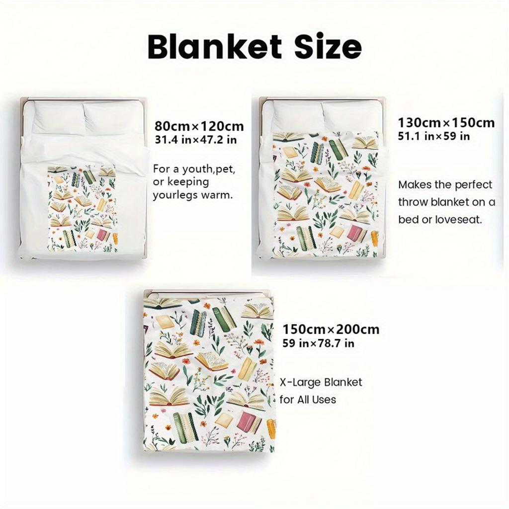 Book Flower Pattern Reading Lover Blanket Soft Flannel Throw Literary Gift Home Study Decor Educational Theme