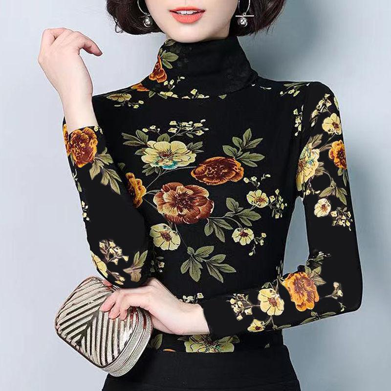 Women's Fall and Winter Lining Thin Velvet Warm Pullover High Neck Printed Long Sleeve Office Bottoming Pullover Large Size Pullover Tops