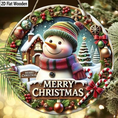 2D Flat 1pc Christmas “Wreath Snowman” Sign Wooden Sign Decoration, Front Door Round Embossed Effect Wall Decorations, Suitable for Home Office