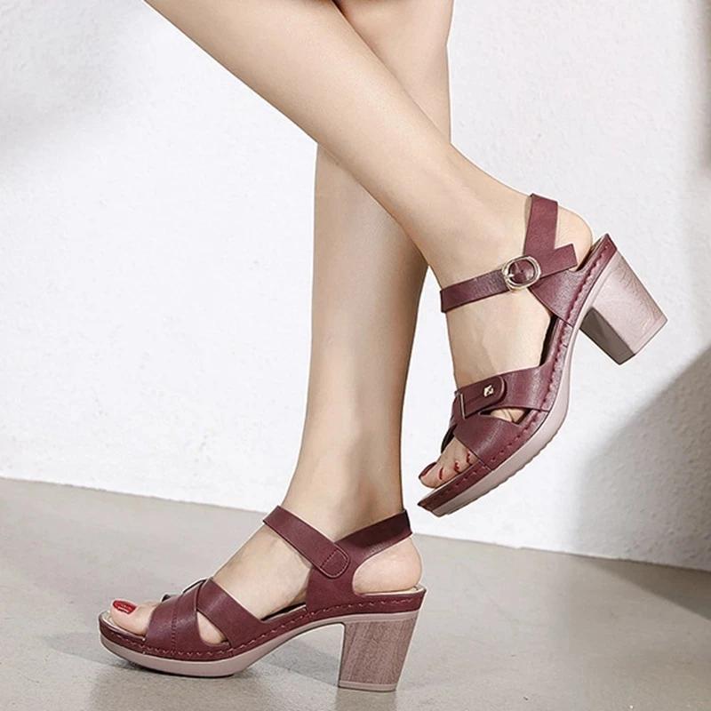 Women's Sandals Leather Platform Sandal Summer Thick Sole High Heels Ladies Sandal Summer Shoes For Women