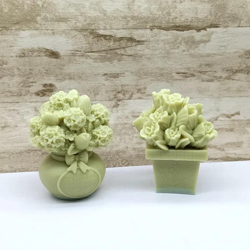 DIY Potted Flowers Silicone Candle Mold 3D Tulip Bouquet Aromatherapy Plaster Soap Resin Crafts Mold Home Decorative Art