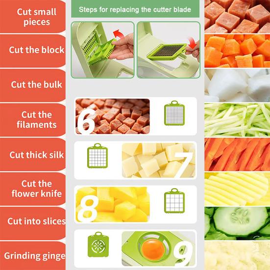 Gemüsehacker mit 8 Klingen Julienne-Schneider Würfelschneider Reibe Schäler Edelstahl Zwiebelhacker Unverzichtbares Küchenwerkzeug für Kartoffeln Karotten Zwiebeln