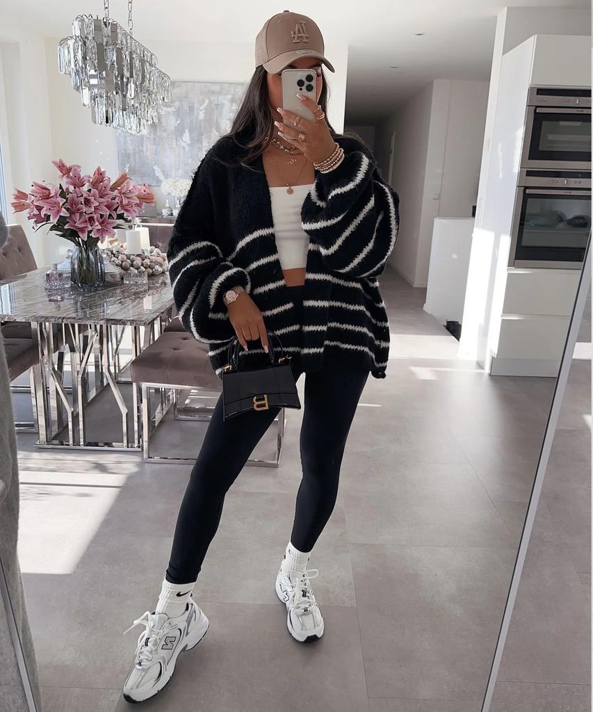 New autumn and winter sweater for women, loose contrasting stripes, reverse bone embroidery, knitted cardigan jacket for women 3583 KTB