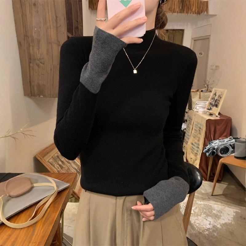 Contrasting Color Semi-turtleneck Knitted Sweater Women's Clothing Spring Autumn and Winter Slim-fit Inner Top Black Bottoming Shirt