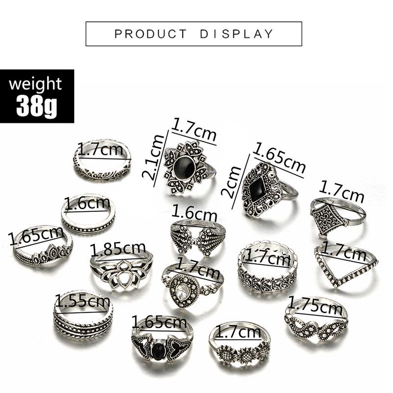 Accessories 15-piece ring set Personalized trendy openwork lotus sunflower geometric black gemstone set ring