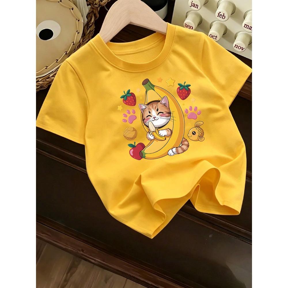 Children's Summer T-shirt, Soft and Skin-friendly, Loose and Comfortable, Cute Cat Print Short Sleeves